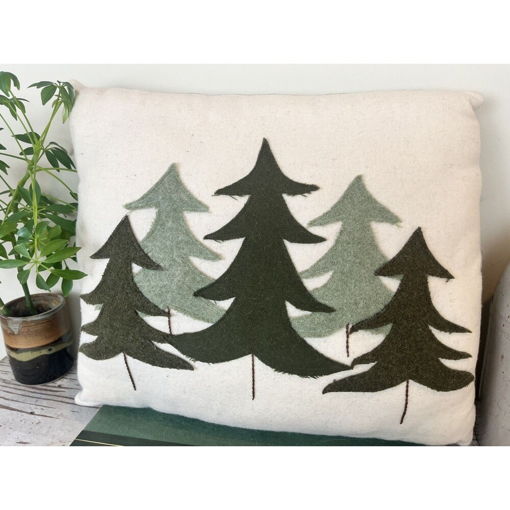 Vintage 1990’s Farmhouse Hand Sewn Wool Christmas Pillow Forest Trees 16”